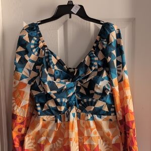 Anthropologie Blue and Orange Geometric Long Sleeve Dress